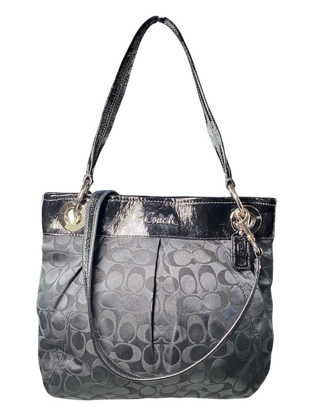 Coach Ashley Hippie Shoulder Bag Black Sateen Signature Patent Trim 2011